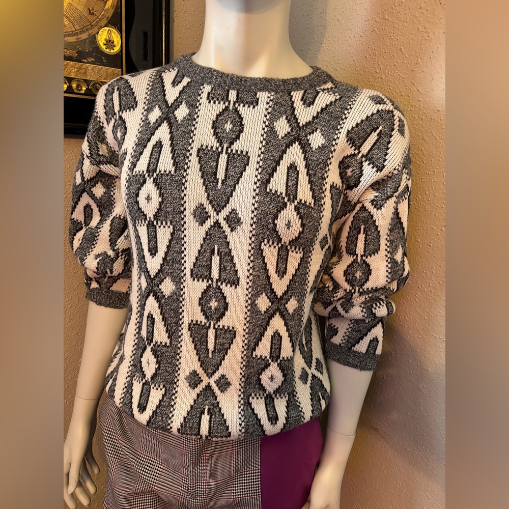 Vintage Justin Allen Geometric Patterned Gray and White Sweater